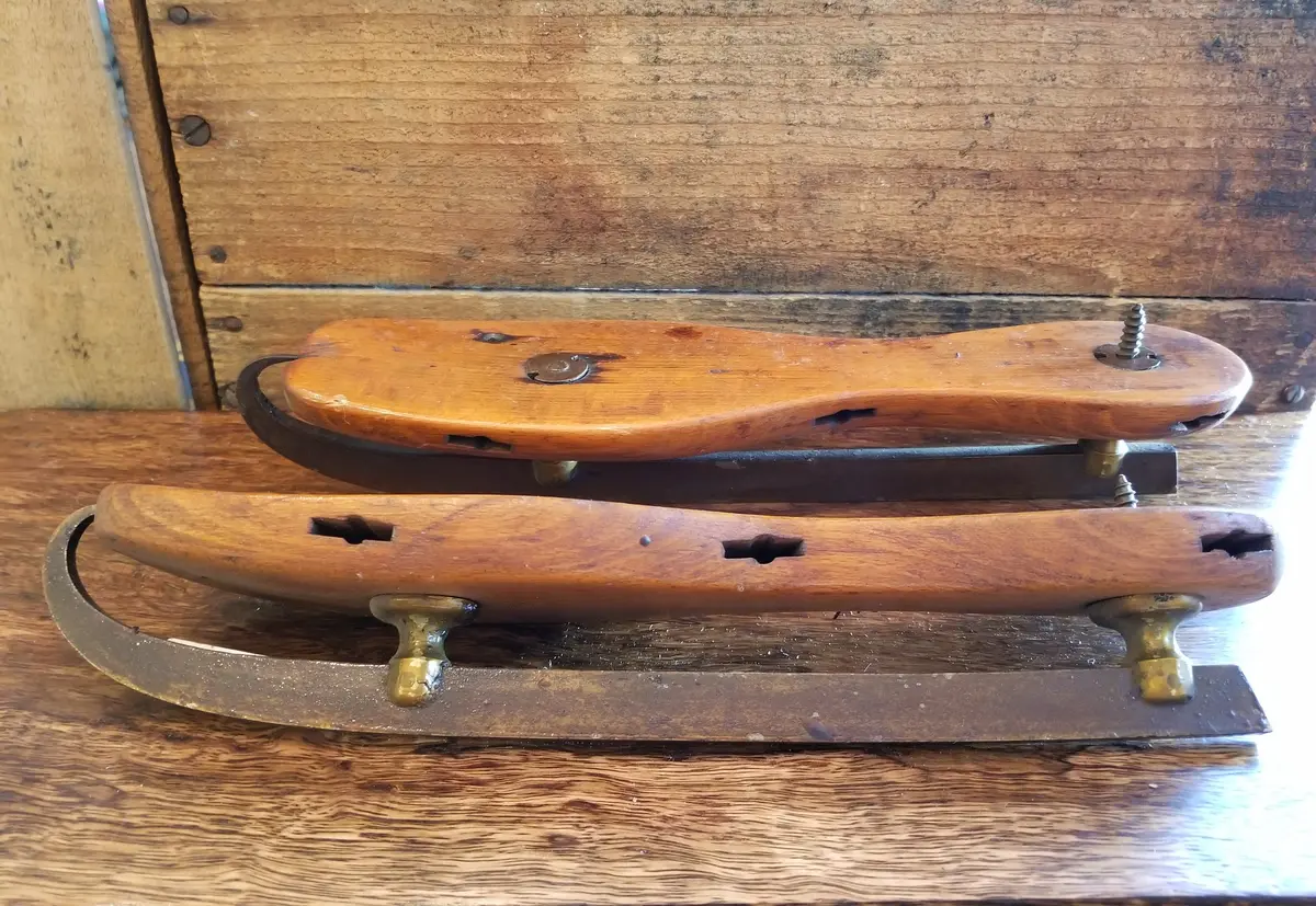 Primitive Antique Ice Skates With Wood And  Hand Forged Blades And Unique Curl 1