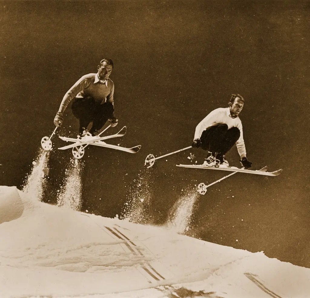 Vintage Ski Photo - Two Skiers Jumping 1