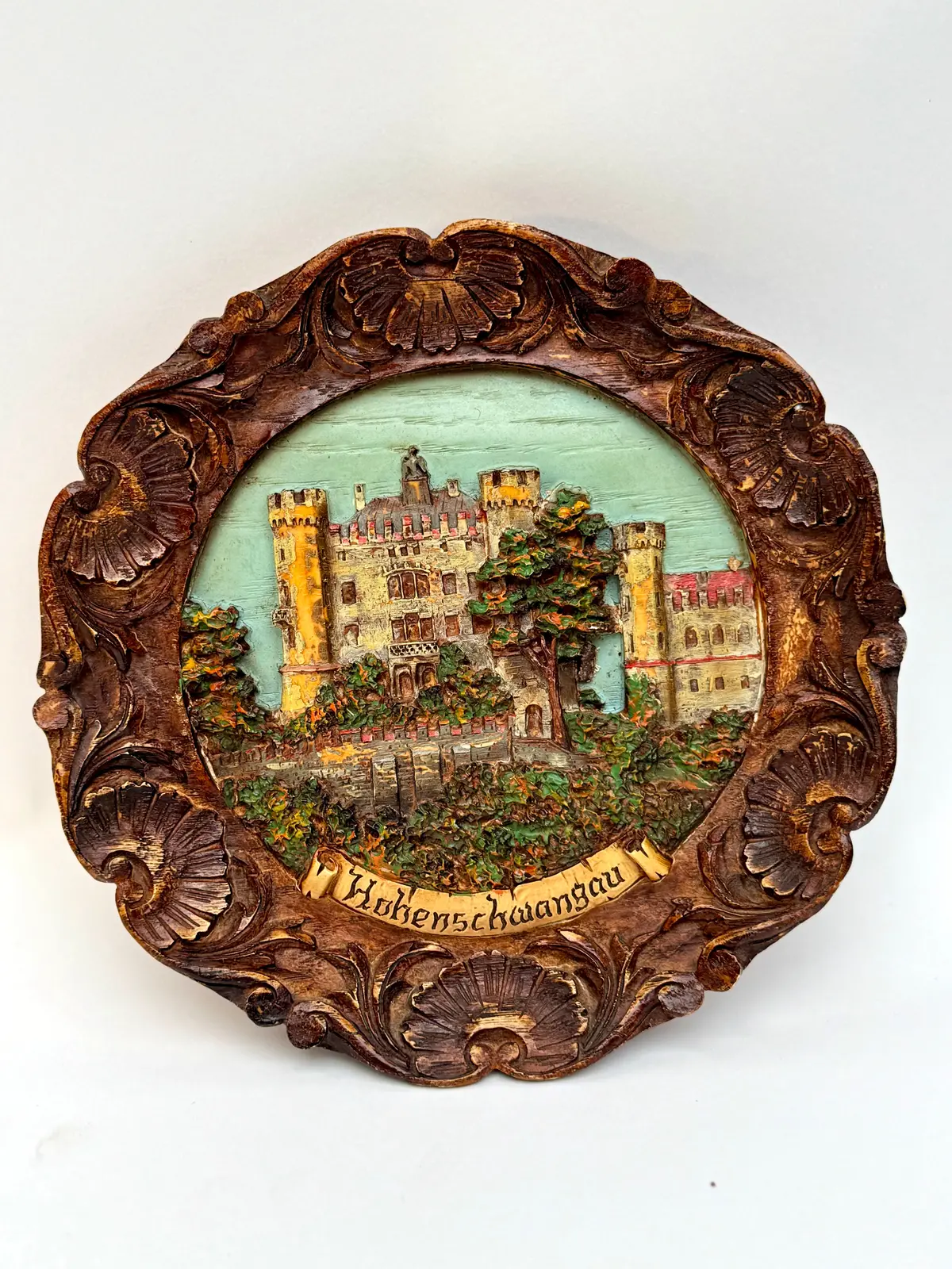 Vintage German Hohenschwangau Castle Hand Painted Resin Carved Wall Plaque 2