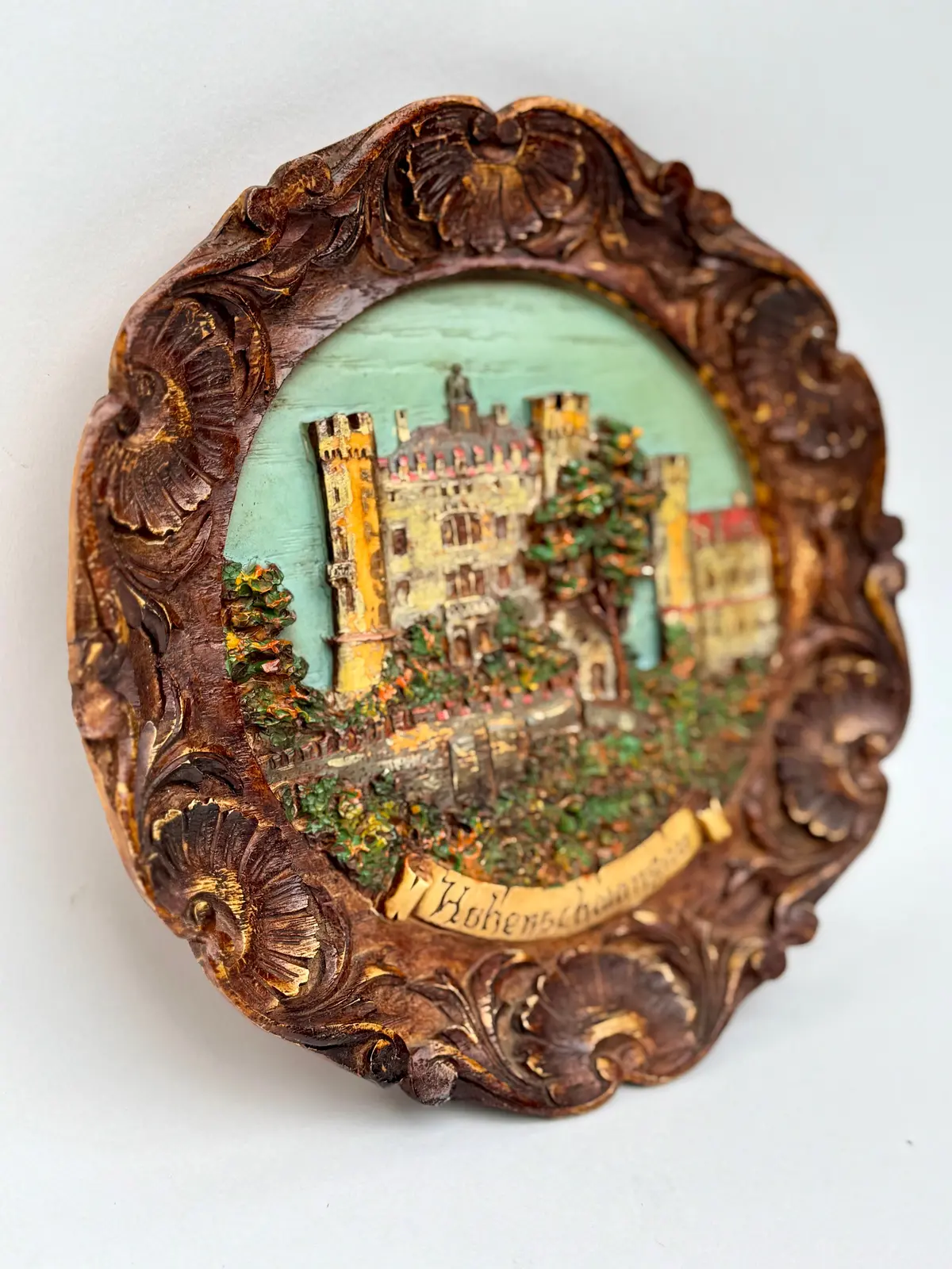 Vintage German Hohenschwangau Castle Hand Painted Resin Carved Wall Plaque 1