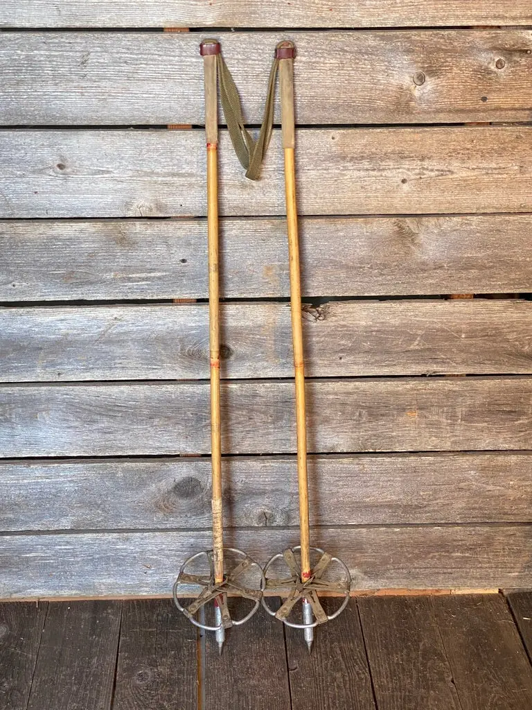Antique Bamboo Ski Poles With Leather Straps 1