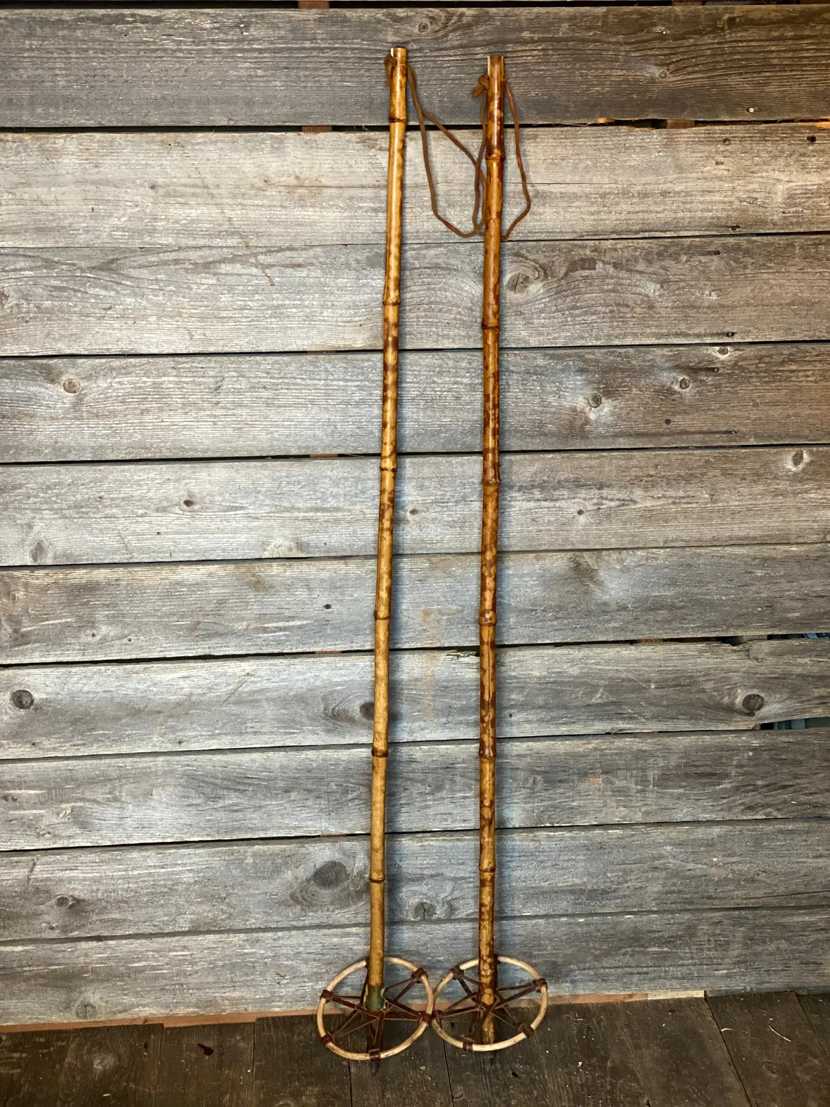 Antique Bamboo Ski Poles With Leather Straps 1