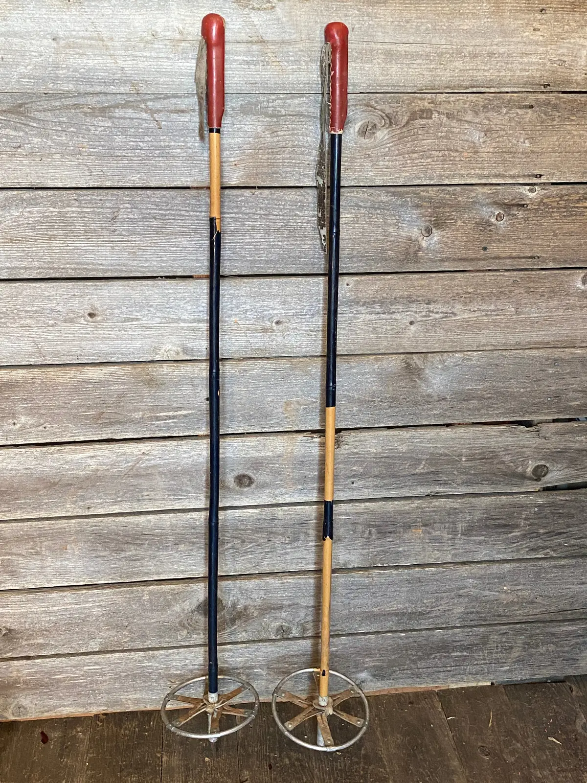 Antique Bamboo Ski Poles With Full Leather Grip 1