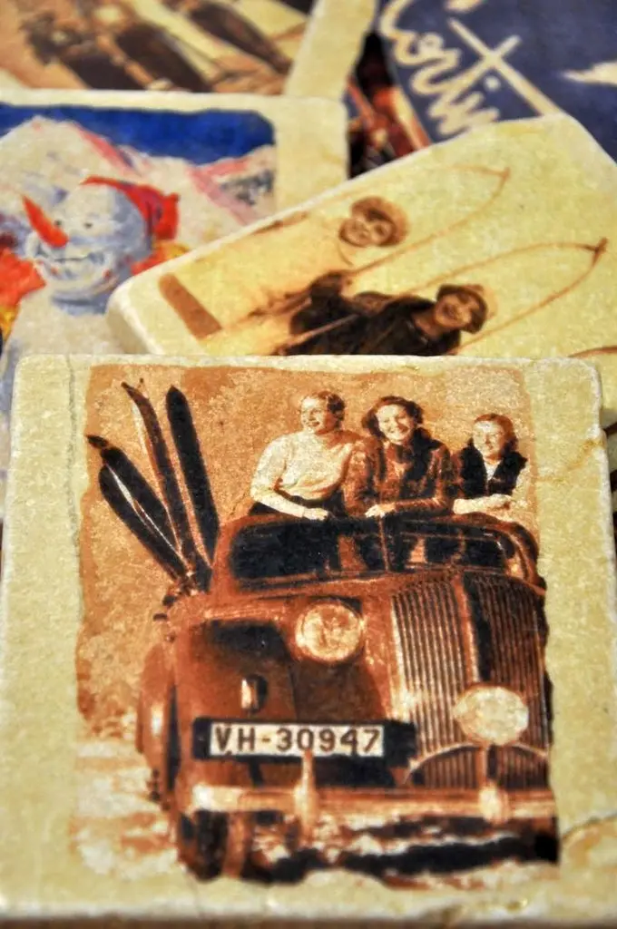 Vintage Marble Ski Coaster - Girl Skiers In Car 1