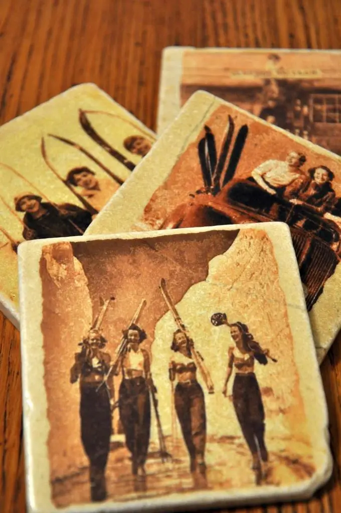 Set Of 4 Vintage Marble Ski Coasters - Girls Of Skiing 1