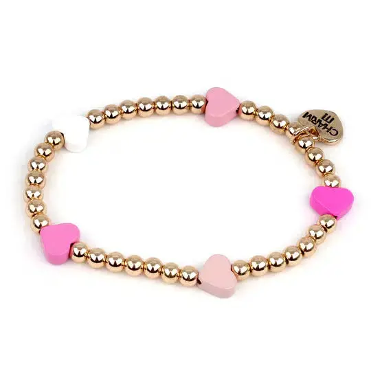 Gold Bead Pink Heart Stretch Bracelet 1