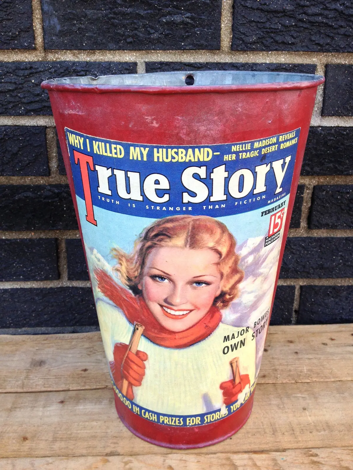Vintage Maple Sap Can - Red Vintage Lady Skier 1