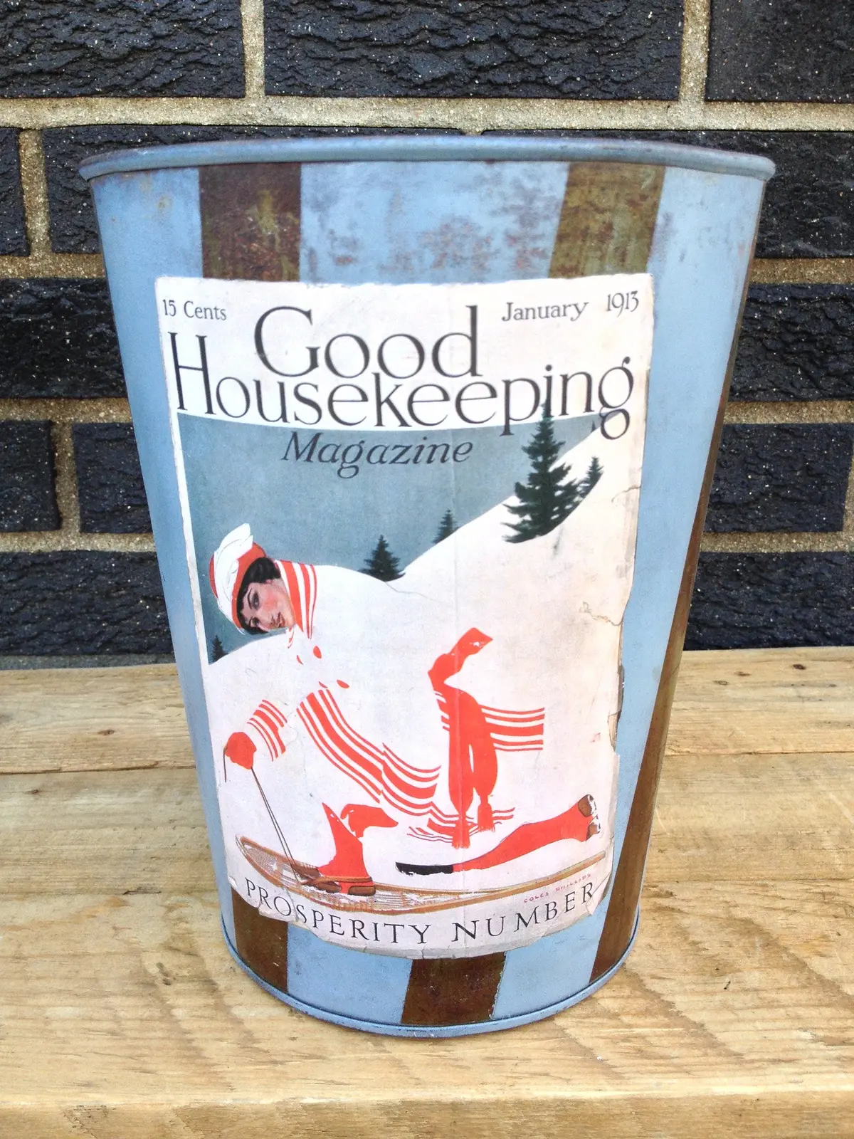 Ski Decor - Vintage Maple Sap Can - Good Housekeeping Magazine Woman Snowshoer 1