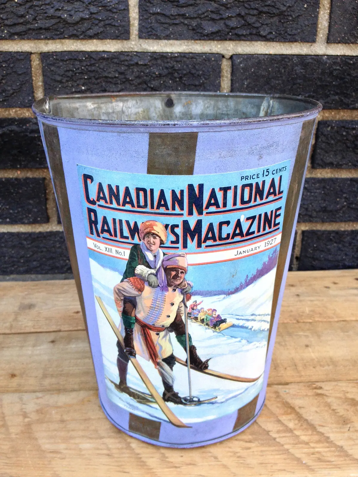 Ski Decor - Vintage Maple Sap Can - Vintage Skiers - Light Purple With Dark Stripe 1