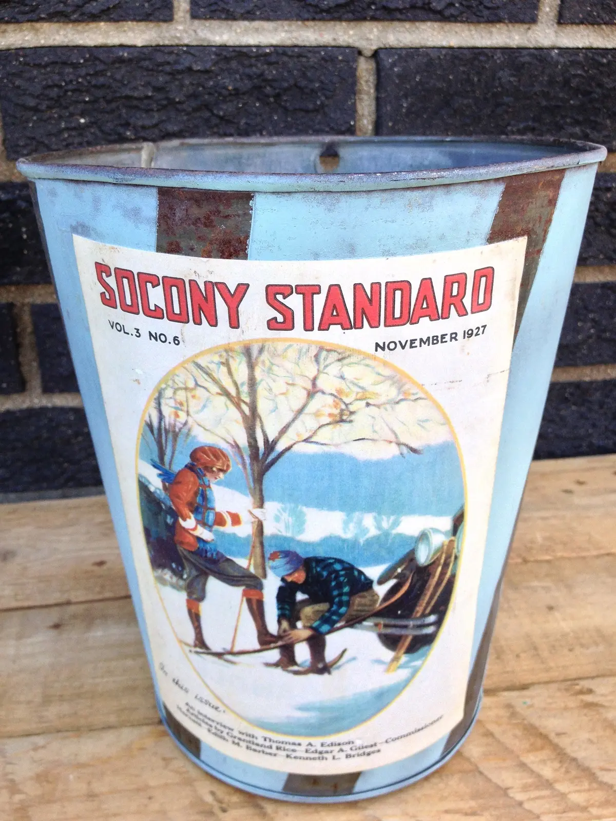 Vintage Maple Sap Can - Light Blue And Dark Stripe - Lady Skier With Male 1