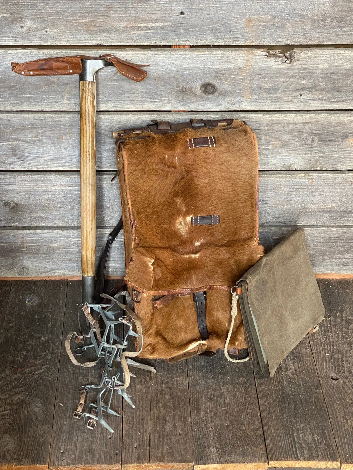 Vintage Climbing Collection For Decor:  Mountaineering Axe, Cowhide Pack, Crampons, Map Case 1