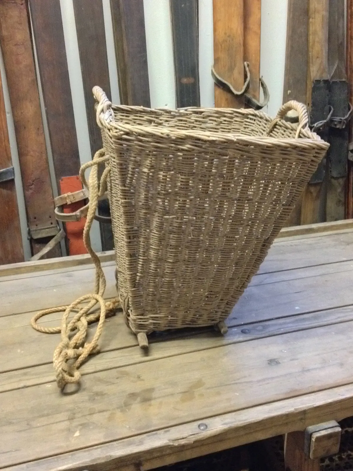 Antique French Woven Wicker Picking Basket With Runners 1
