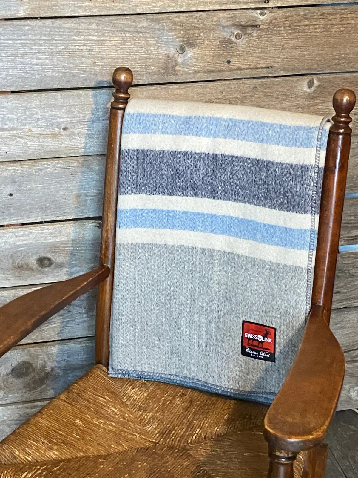 Cream / Grey With  Blue Stripes Wool Blanket 1