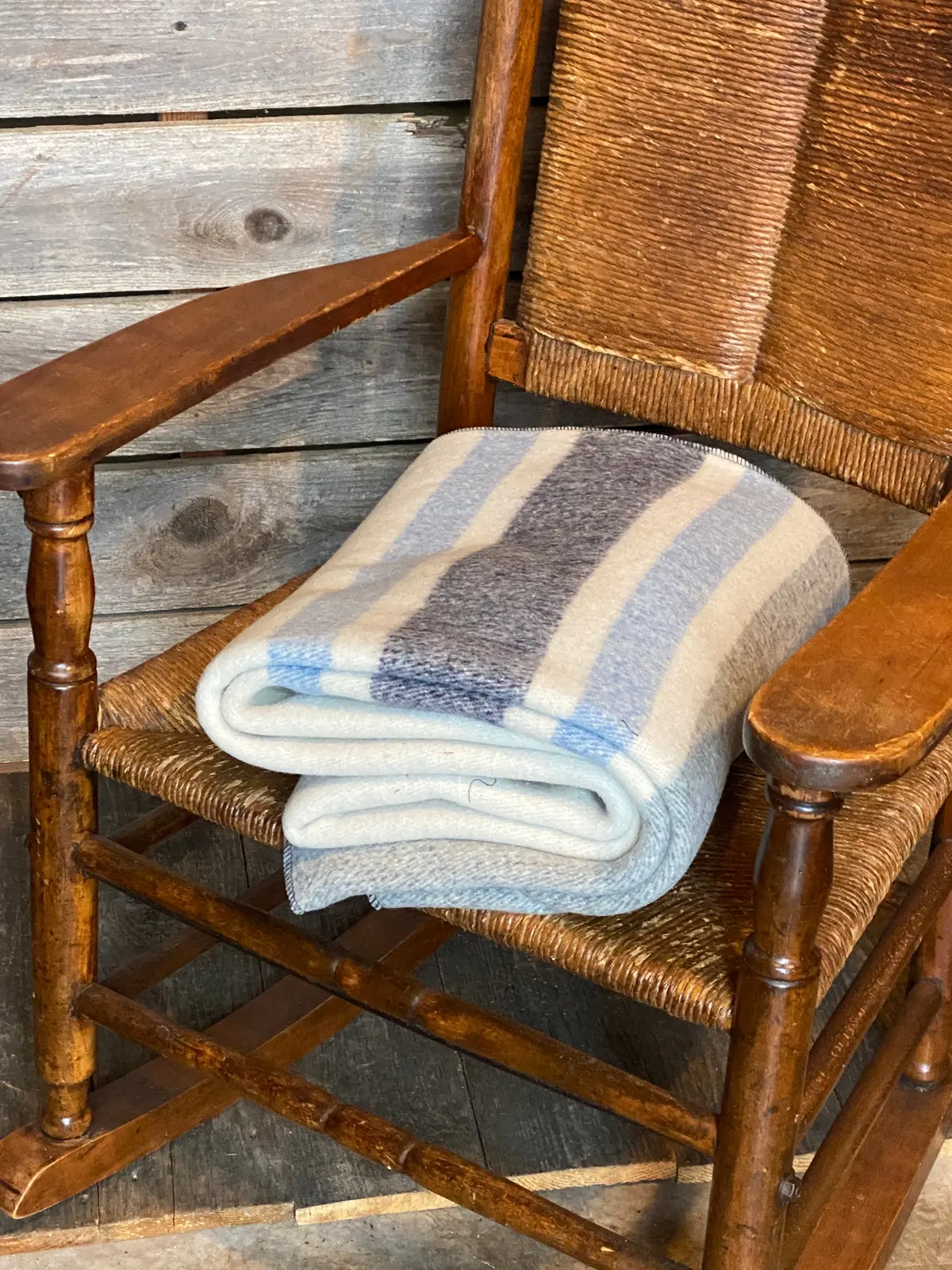 Cream / Grey With Blue Stripes Wool Blanket 2