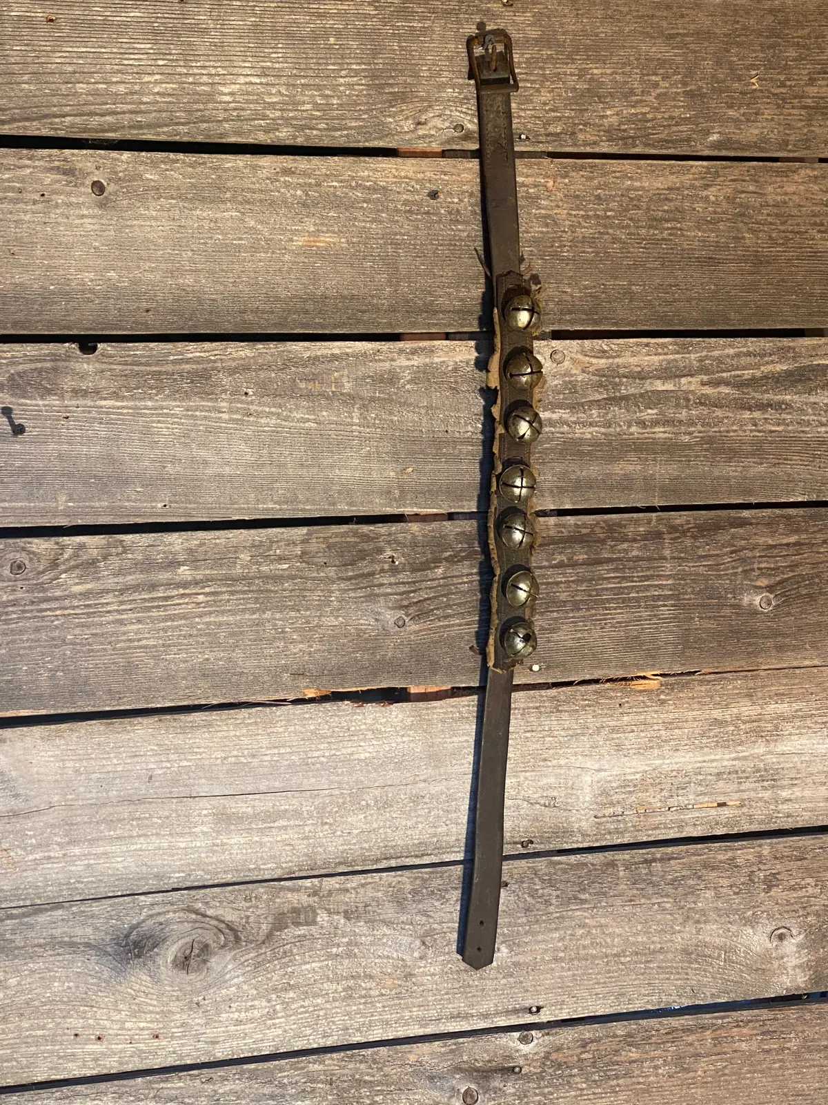 Vintage Sleigh Bells On Leather Strap - 29" 1