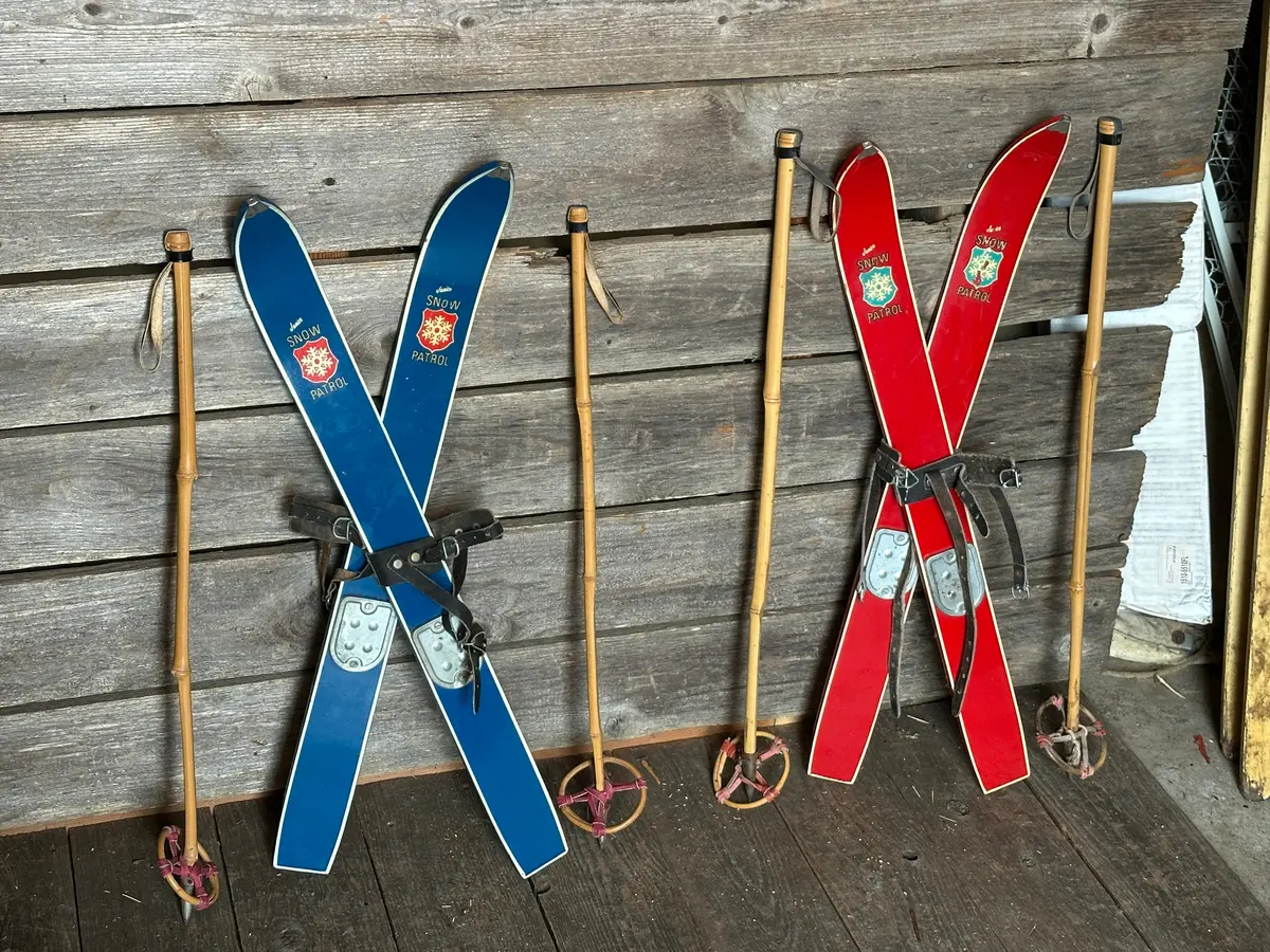 2 Pair Of Vintage Childs Snow Patrol Skis (Red/Blue) 1