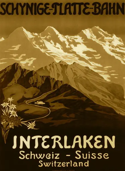 Vintage Ski Poster - Sepia Interlaken Swiss Mountains 1