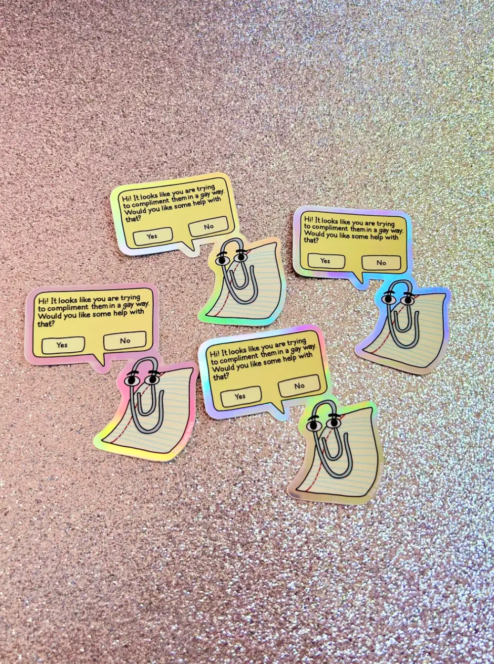 Peach Fuzz: Gay Clippy Holographic Sticker 1