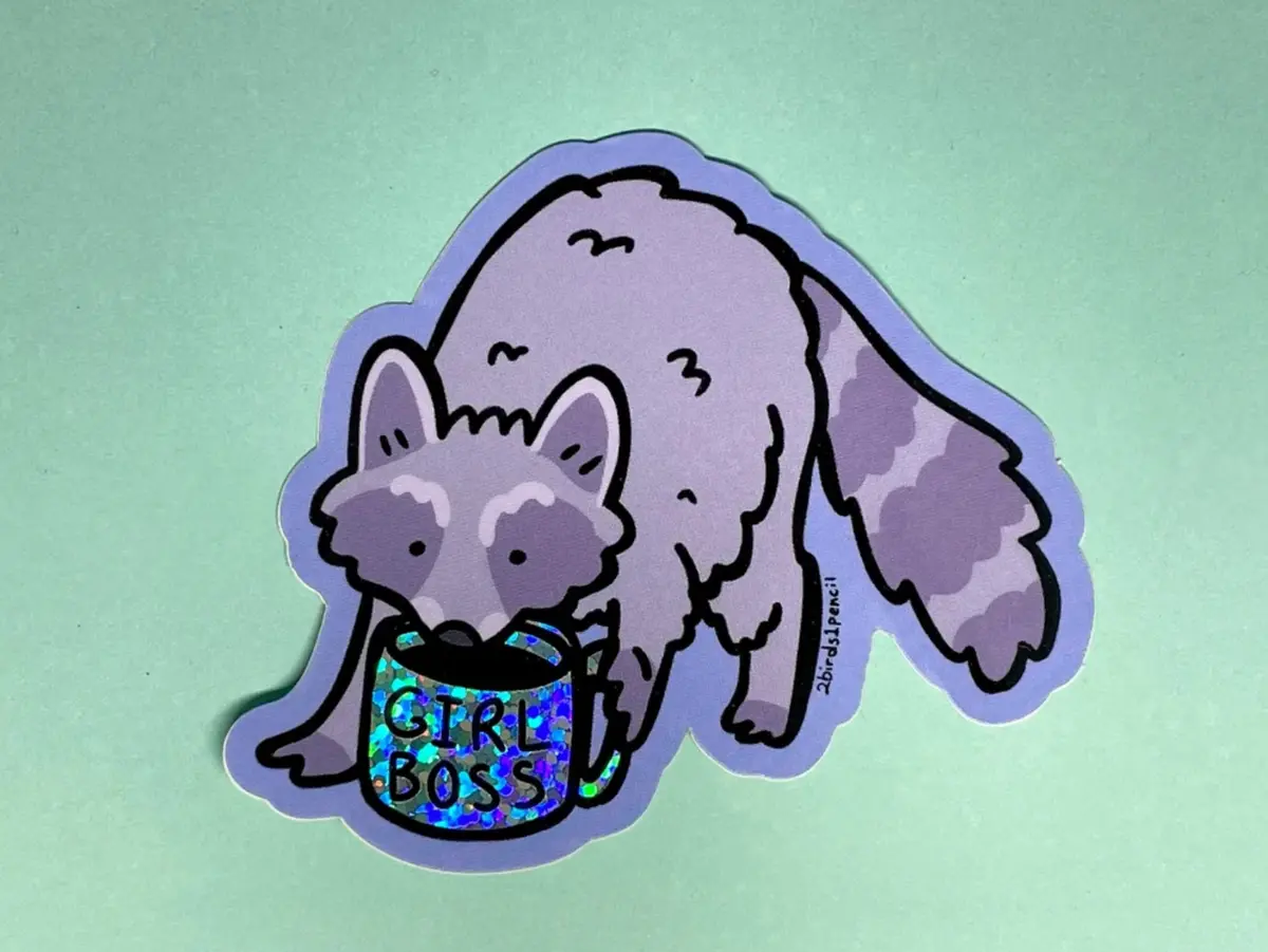 2Birds1pencil: Girl Boss Raccoon Glitter Sticker 1