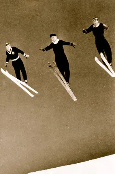 Vintage Ski Photo - Three Skiers Jumping 1