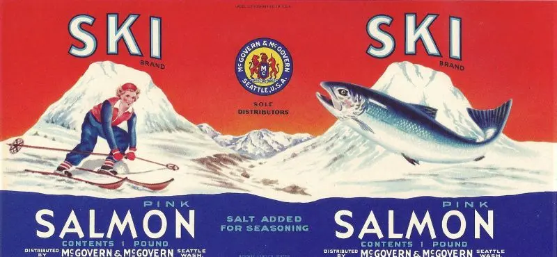 Vintage Ski Poster - Ski Brand Pink Salmon Label 1