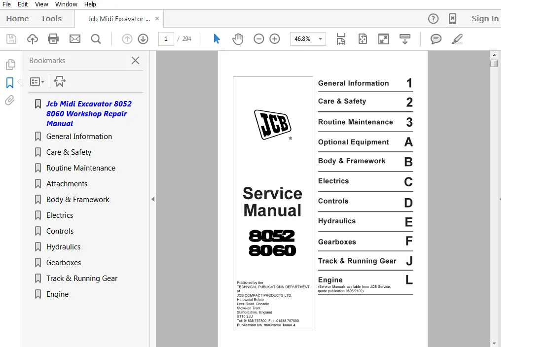 Jcb Midi Excavator 8052 8060 Workshop Service Repair Manual 2