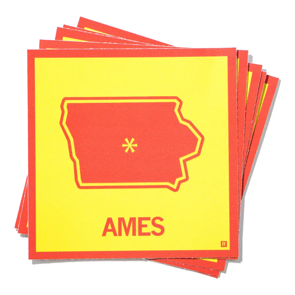 Ames, Iowa Outline Sticker - Red & Gold 1