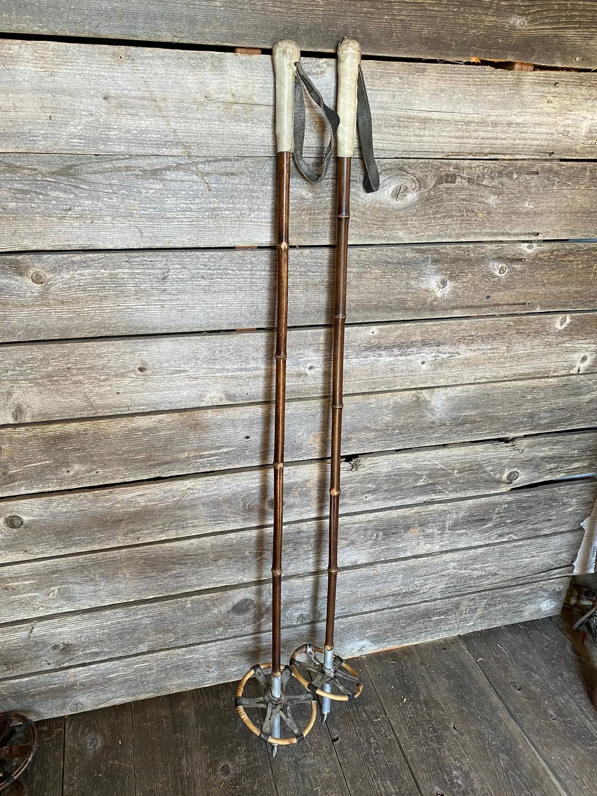 Vintage Bamboo And Full Leather Faded Red Grips Ski Poles 1