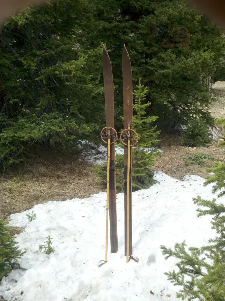 Vintage Wooden Skis With Bamboo Poles 2