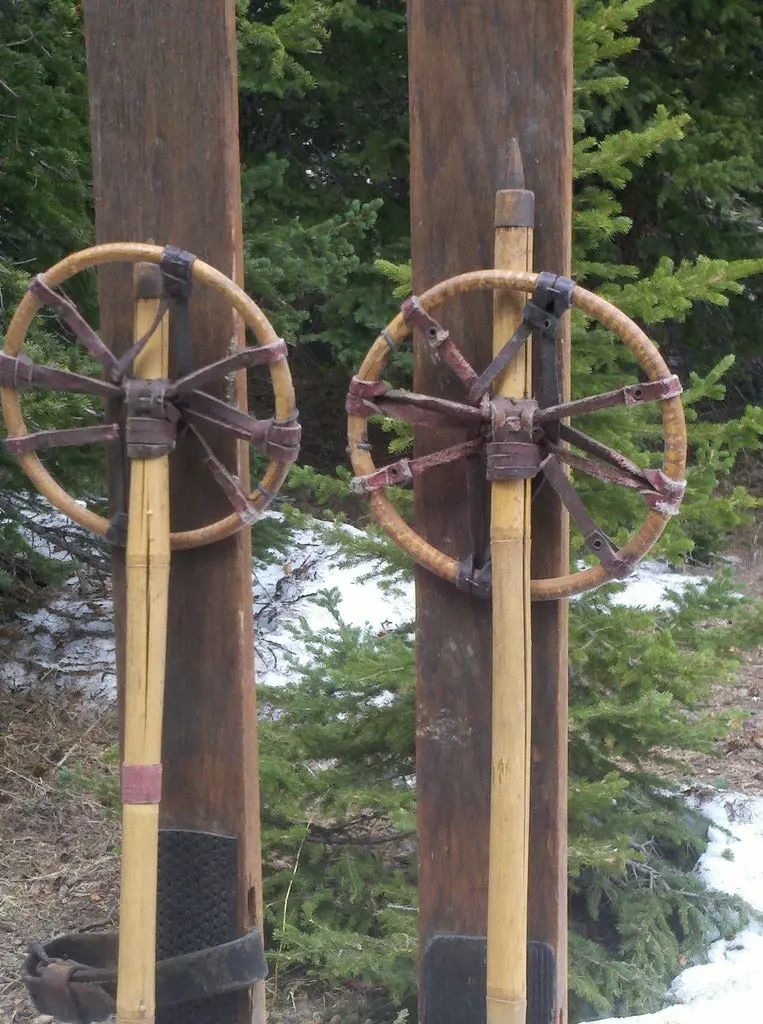 Vintage Wooden Skis With Bamboo Poles 1